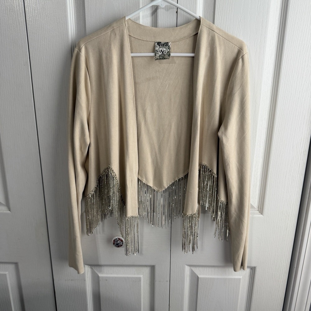 Vocal Tan Faux Suede Rhinestone Fringe Open Front Cardigan Women's Size Medium